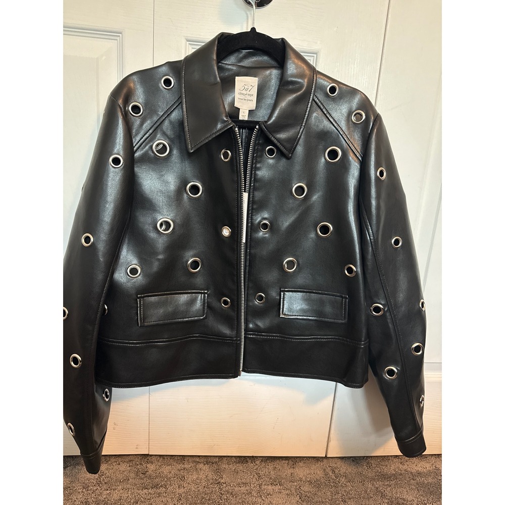 Cinq a Sept Harriet Jacket Black faux Leather Eyelet Moto Biker Size L MSRP 495